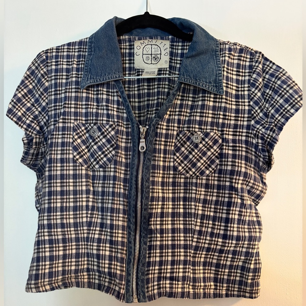 Blue Plaid Zip-Front Crop Shirt